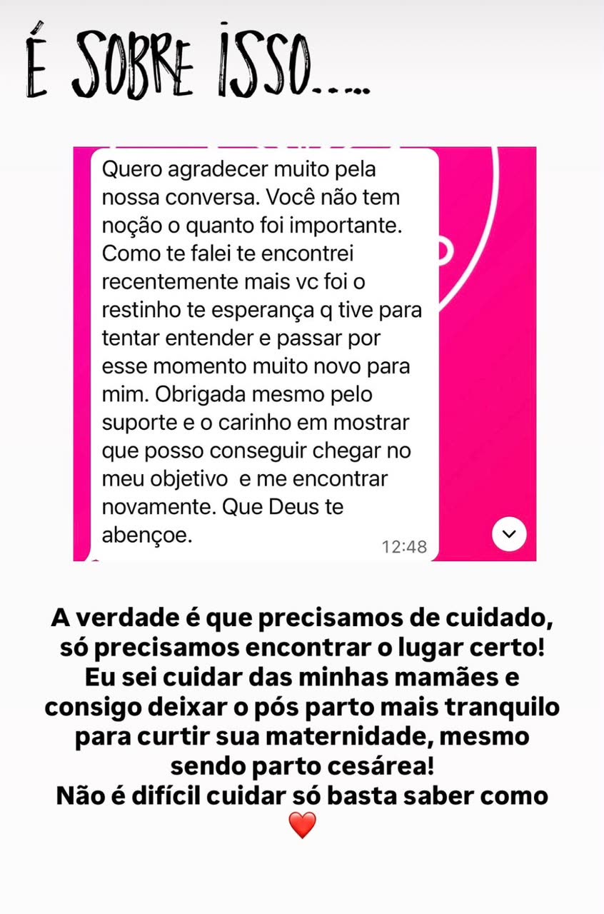 Print de depoimento: aluna agradece a conversa e o carinho, dizendo que a Tabata foi sua esperança no pós-parto